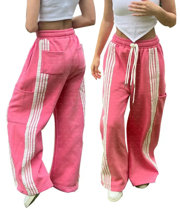 Wide Leg Sweatpants Custom Multiple Drawstrings Blank French Terry Cotton Stripe Oversized Baggy Street Flared Cargo Women