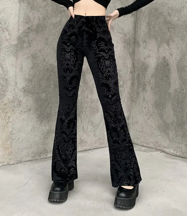 Vintage Gothic Velvet Black Pants Goth Harajuku Bodycon High Waist Trousers Streetwear Punk Flared Women Autumn