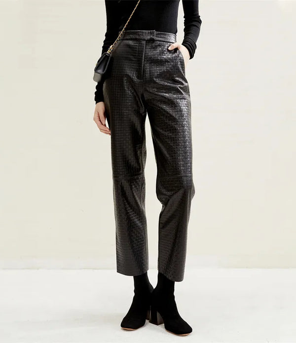 Hot sell fashion straight wide leg leather pants high waisted custom women's trousers