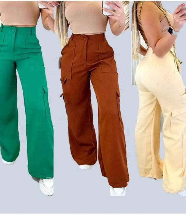 ZHEZHE High Street Wear Solid Color Fashion Cargo Withe Side Pocket Ropa Mujer High Waist Women's Trousers