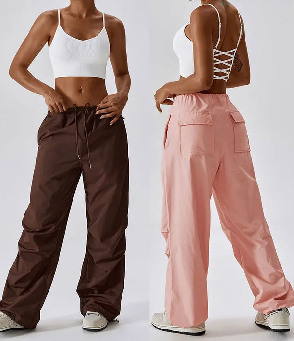 Custom High Waist Loose Sweat Pants With Pockets Straight Trousers Nylon Pink Cargo For Women