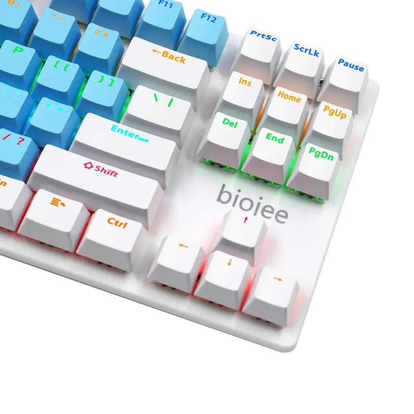 BIOJEE white and blue mechanical keyboard 87 key Led backlight wired mechanical for PC laptop