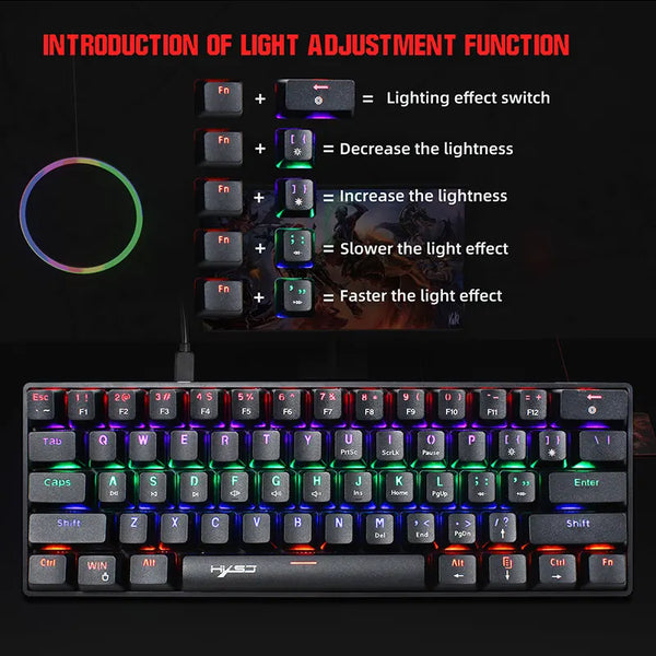 61 Keys Mechanical Gaming Keyboard Wired Portable and Compact with 20 RGB Lighting Modes and blue Axis USB Interface