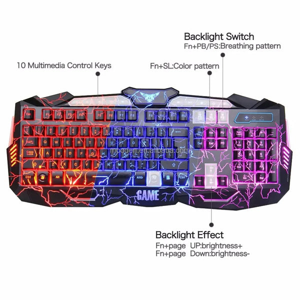 J Tri-Color Wired Keyboard Mouse Combo V100 Gaming Crack 104 Keys With Gaming Mouse Sets