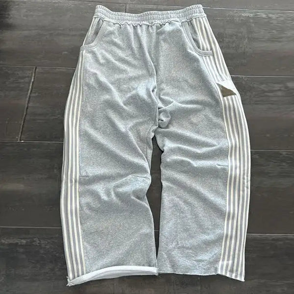 Custom Streetwear High Quality Grey Heavyweight French Terry Loose Wide Leg Baggy Striped Sweatpants for Men