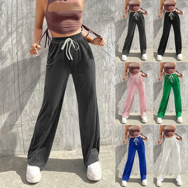 2023 New Winter Lace Up Pants Women Velvet Wide Leg High Waist Straight Korean Loose Sweatpants Warm Long Trousers