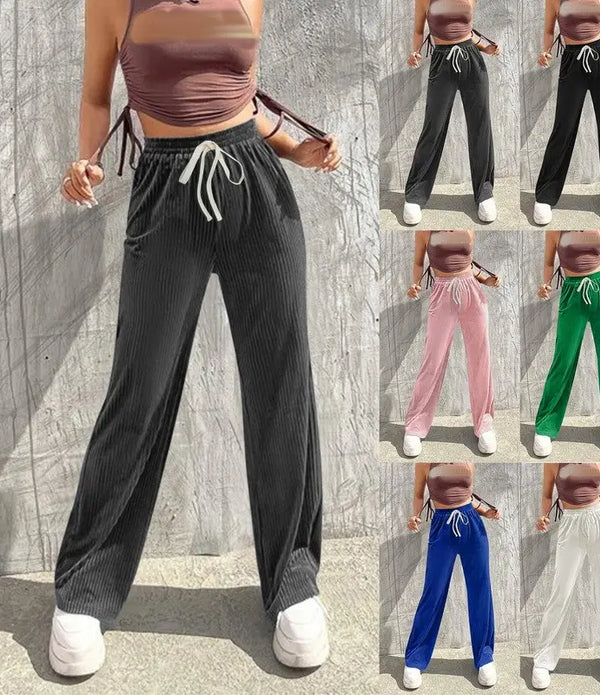 2023 New Winter Lace Up Pants Women Velvet Wide Leg High Waist Straight Korean Loose Sweatpants Warm Long Trousers