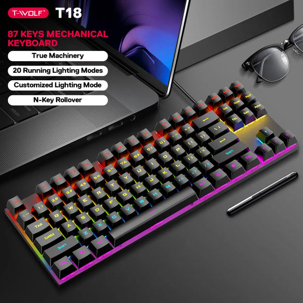 OEM T-WOLF T18 usb wired gaming backlit mechanical RGB 87Keys TKL for desktop computer gamer teclado gamer