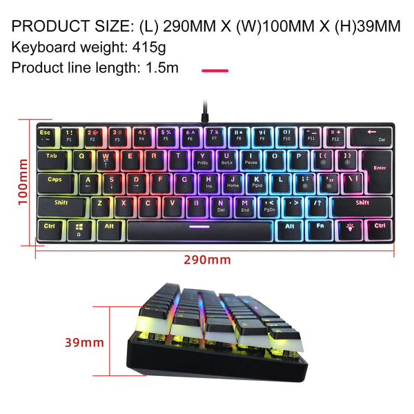 custom black mechanical keyboard 60% pudding keycap clavier tastiera gaming 61 keys USB wired backlit mechanical gaming