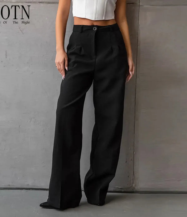 OOTN Autumn Solid Pockets Party Trousers Women 2023 Elegant Office Lady Pleated Long Fashion Black Straight