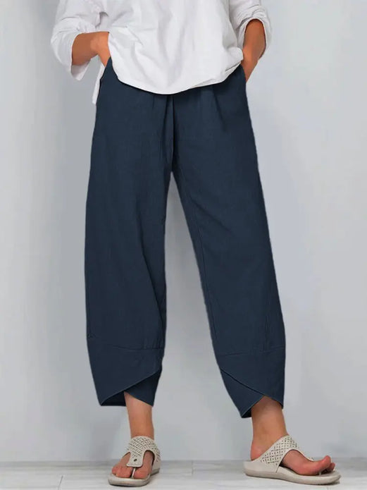 Fashion Women 2022 New Wide-leg Nine-point Pants Loose Casual Cotton and Linen Elastic Waist