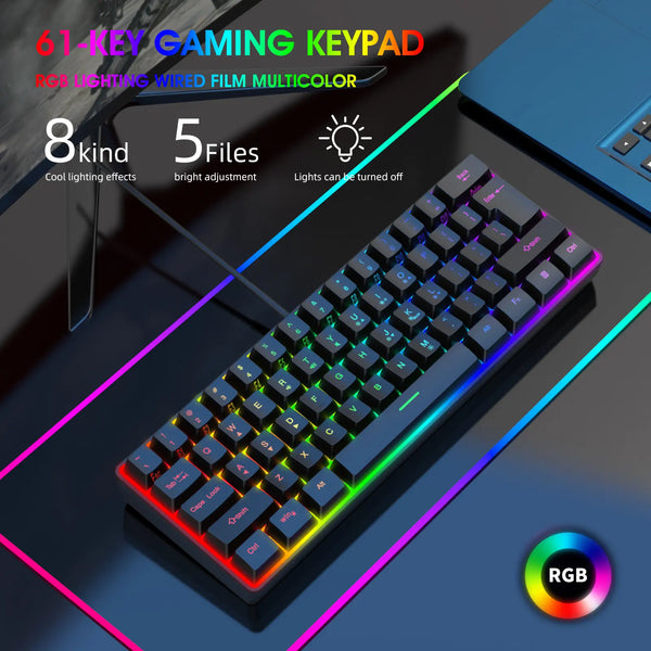 Multiple Color Combinations 61 Keys USB Wired RGB 60% Computer Gaming Small Black