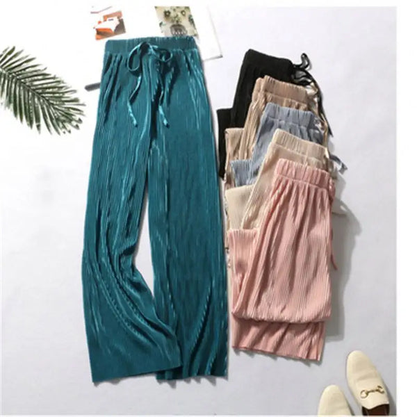 Summer Wide Leg Pants For Women Casual Elastic High Waist 2021 New Fashion Loose Long Pleated Trousers Femme R1816