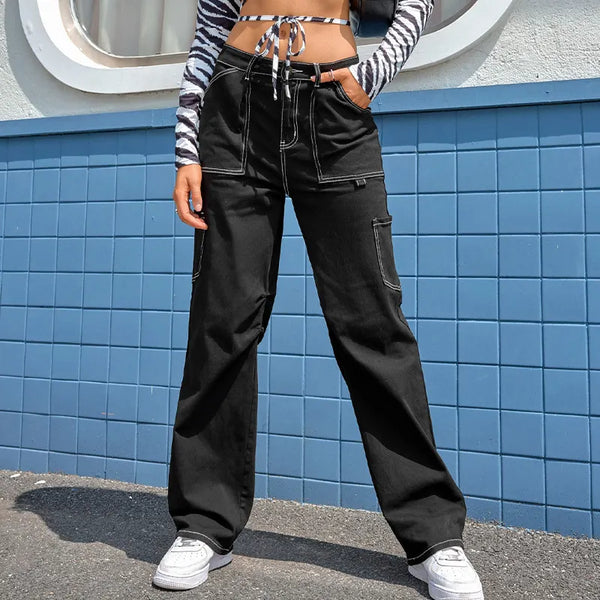 Fashion Casual High Waist Ladies Jogger Pants Pockets Black Cargo Women