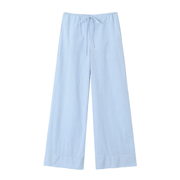 Striped print drawstring waist blue color wide leg design casual fashion women's trousers