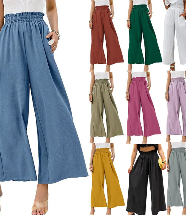 Spring and summer cotton and linen women's solid color elastic high waist loose casual wide leg