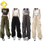 Fengway 2024 Trendy Vintage Wide Leg Pants Women Loose Ankle Trousers Streetwear Drawstring Cargo With Pocket