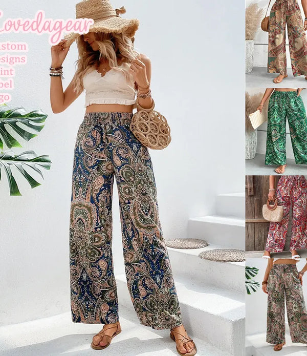 Loveda Hot Selling Women's Printed Trousers Designer Bohemia Wide-Leg Elasticated Palazzo