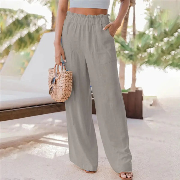 2023 summer new women's casual wide leg pants fashion ruffles pockets high waist women's