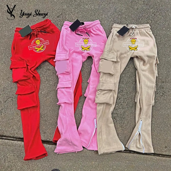 YYSY Custom Embroidery Logo Multiple Pockets OEM Manufacturer Flared Sweatpants With Zipper Track