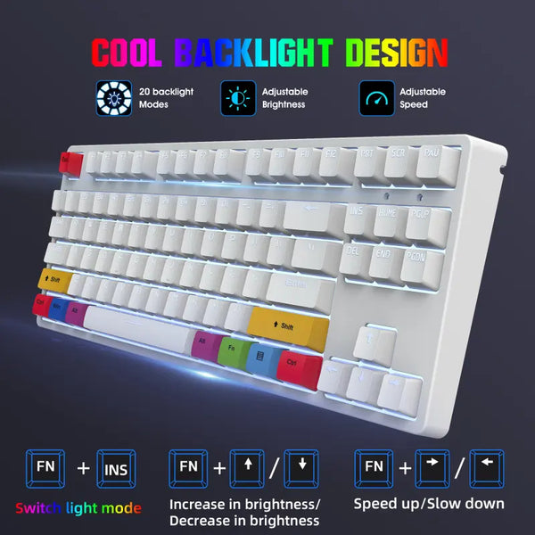 Mechanical Gaming Keyboard Red Switch Hot Swap 87Keys Gaming Type C USB Wired White Backlight Silent Computer