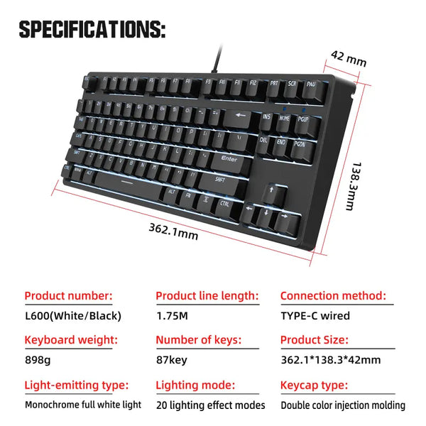 Mechanical Gaming Keyboard Red Switch Hot Swap 87Keys Gaming Type C USB Wired White Backlight Silent Computer