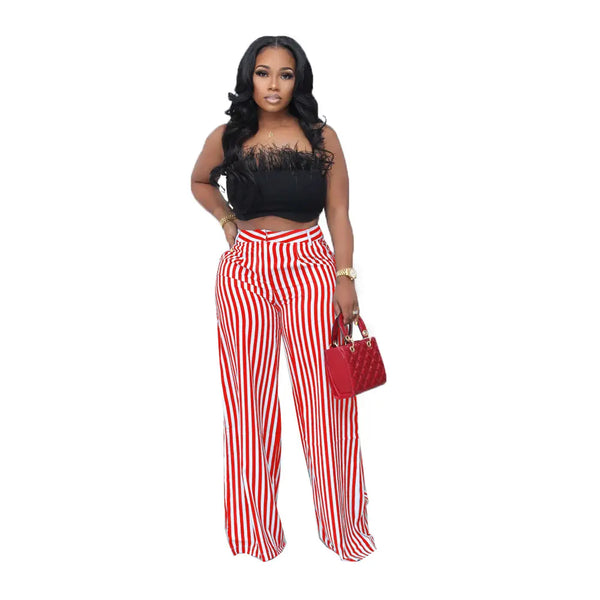 Striped Women Wide Leg Pants Fashion Print High Waist Female Trouser Sexy Streetwear Loose Casual Streetwear Trousers