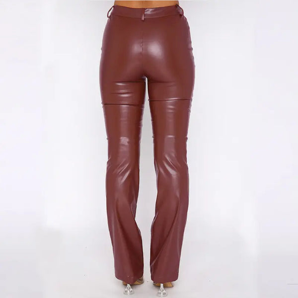 Casual Women PU Leather Straight Pants High Waist Zipper Fly Trousers