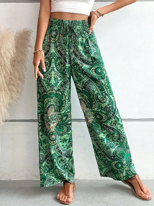 Loveda Hot Selling Women's Printed Trousers Designer Bohemia Wide-Leg Elasticated Palazzo