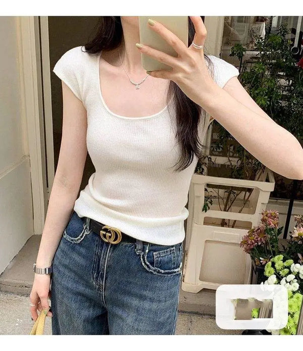 2024 New Knitted Short Sleeved T-shirt Solid Women's Top Slim Fit And Sexy Short Sleeved Knitted