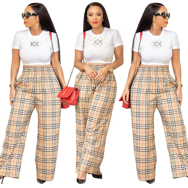 QuiteS 2023 New Plaid Print Loose Micro Flare Single Trousers Casual Wide Leg Cargo For Women Long