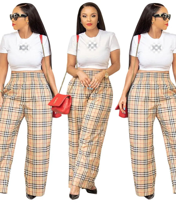 QuiteS 2023 New Plaid Print Loose Micro Flare Single Trousers Casual Wide Leg Cargo For Women Long