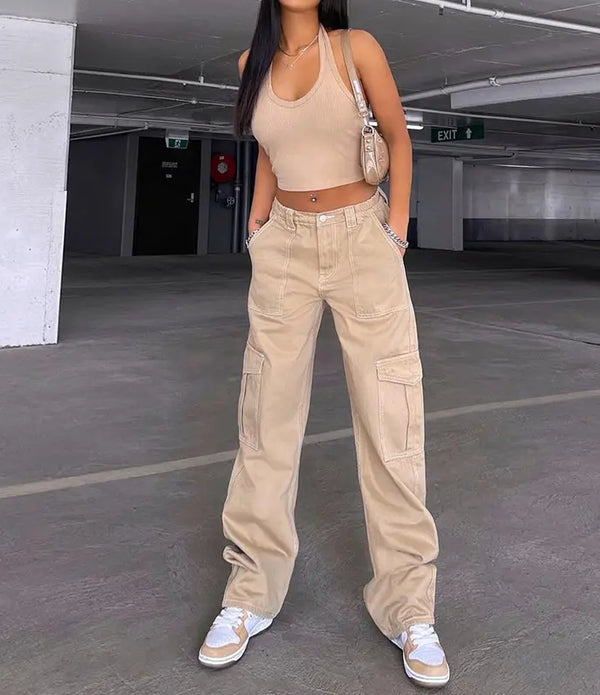 Hot Sale Hip Hop Girls Trousers Streetwear baggy Multi Pockets Wide Leg Casual Women Cargo