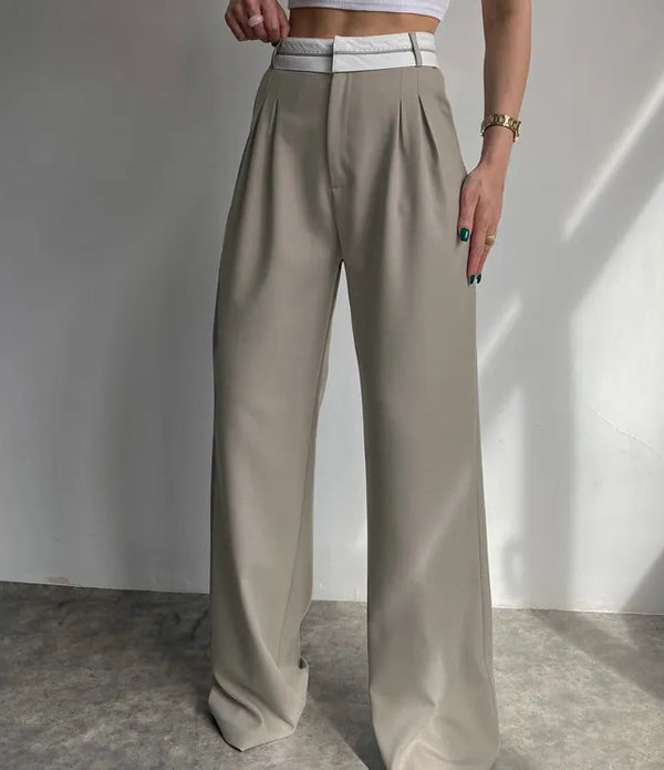 Trendy Female Clothes Patchwork Khaki Office High Waist Formal Casual Loose Palazzo Trousers Women