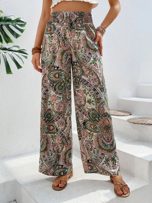 Loveda Hot Selling Women's Printed Trousers Designer Bohemia Wide-Leg Elasticated Palazzo