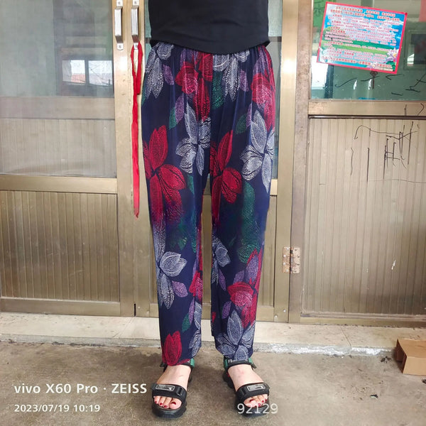 New Women Fashion Long Pants Spring Summer Ice Silk Loose Printed Trousers Elastic Waist Lady Wide Leg Casual