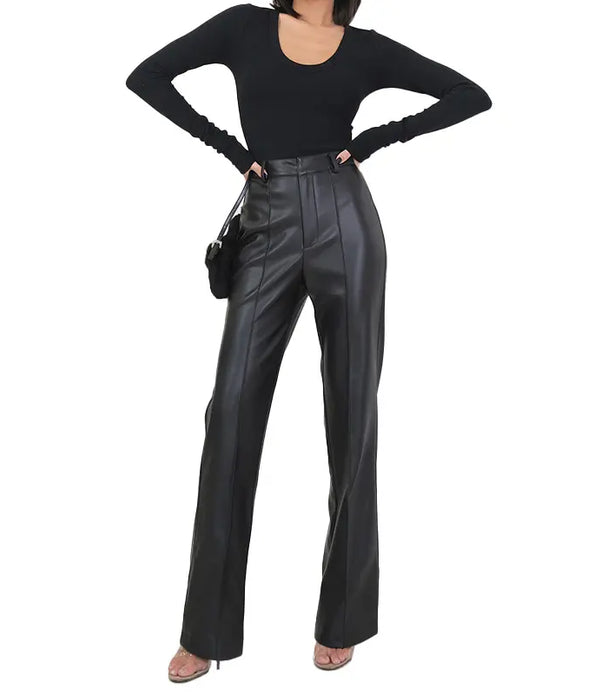 Women Leather Pants Straight-leg Trousers High Waist Leather