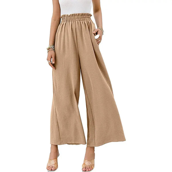 Spring and summer cotton and linen women's solid color elastic high waist loose casual wide leg