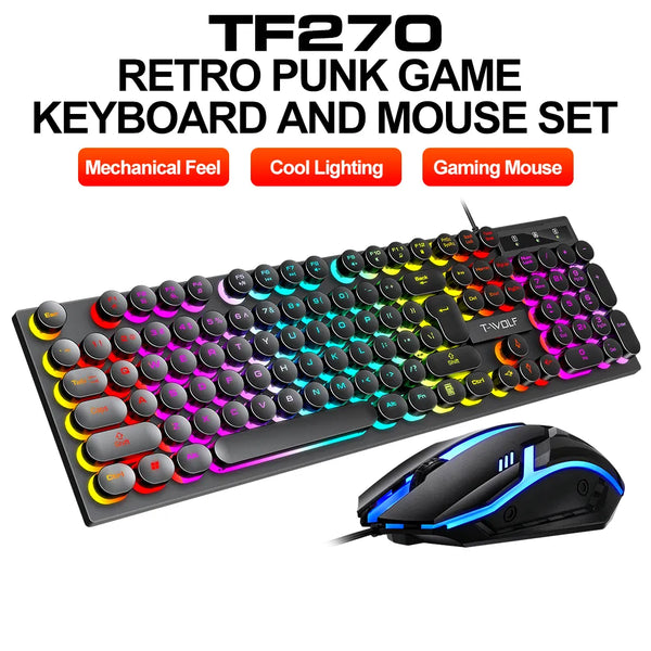 2024 new gadget T-WOLF TF270 wired punk style round keycap colorful backlit gaming and mouse