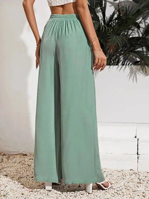 FEIBIA Summer New High Waist Casual Trousers Solid Color Elastic Waist Tie Loose Wide Leg Women