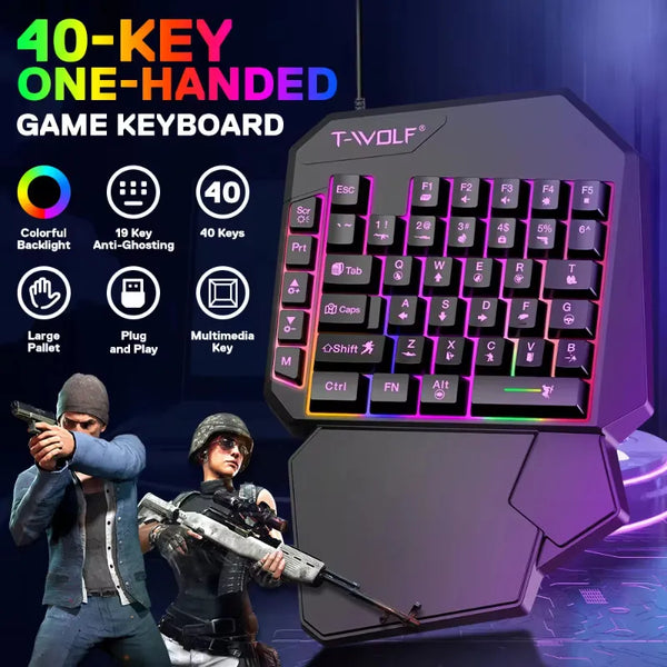 TWOLF TF900 Wired Keyboard and Mouse with 3-color mixing backlight mini Gaming one hand mobile phone game Converter