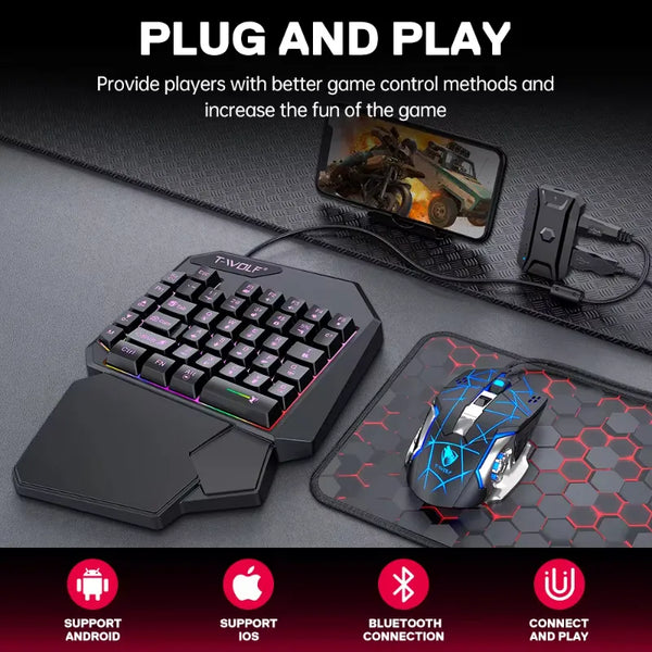 TWOLF TF900 Wired Keyboard and Mouse with 3-color mixing backlight mini Gaming one hand mobile phone game Converter