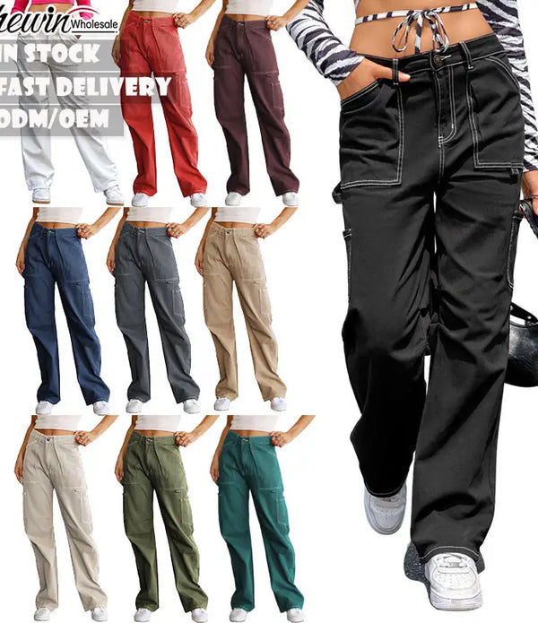 Fashion Casual High Waist Ladies Jogger Pants Pockets Black Cargo Women