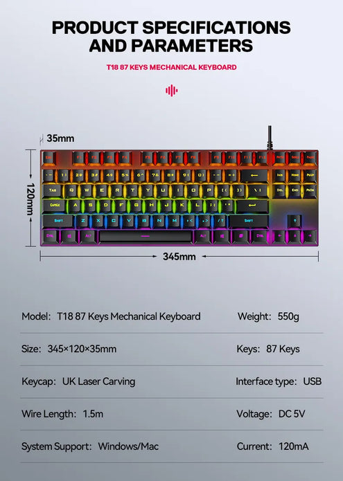 OEM T-WOLF T18 usb wired gaming backlit mechanical RGB 87Keys TKL for desktop computer gamer teclado gamer