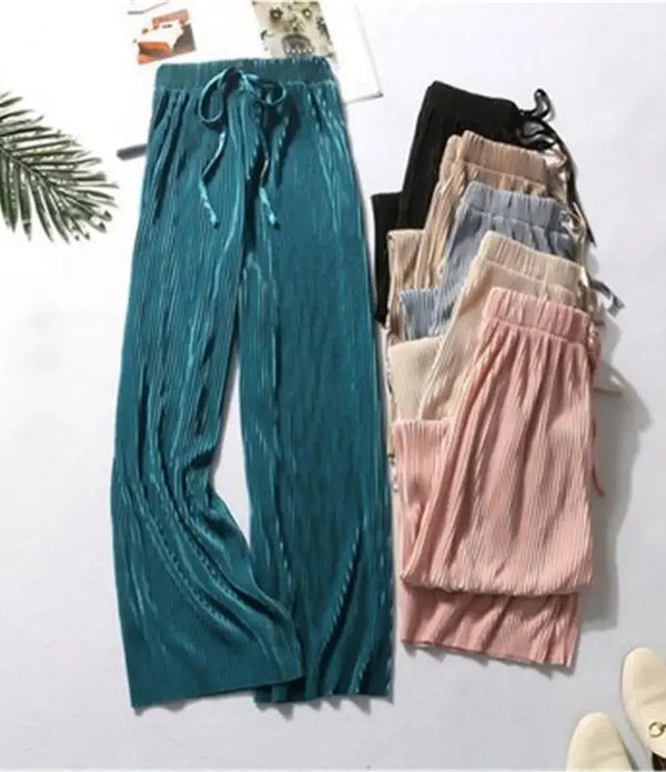 Summer Wide Leg Pants For Women Casual Elastic High Waist 2021 New Fashion Loose Long Pleated Trousers Femme R1816