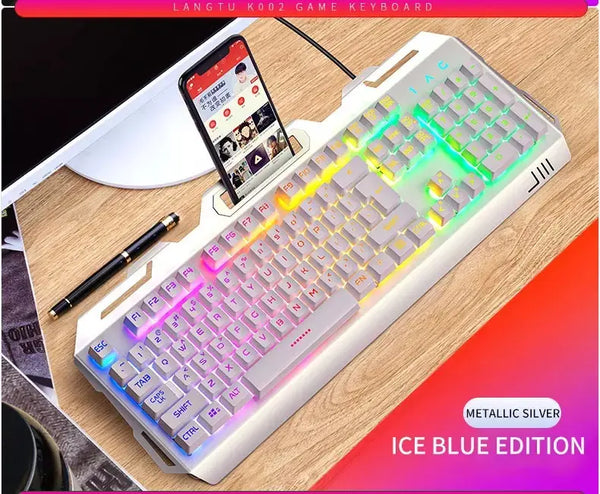 Metal panel V2 waterproof gaming keyboard rainbow backlight portable with exclusive mobile phone holder