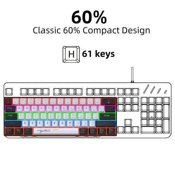 V900BW 60% Wired Gaming Keyboard 61 Keys Compact Mechanical w/White and Black Color Keycaps Blue Switch,Supported OEM