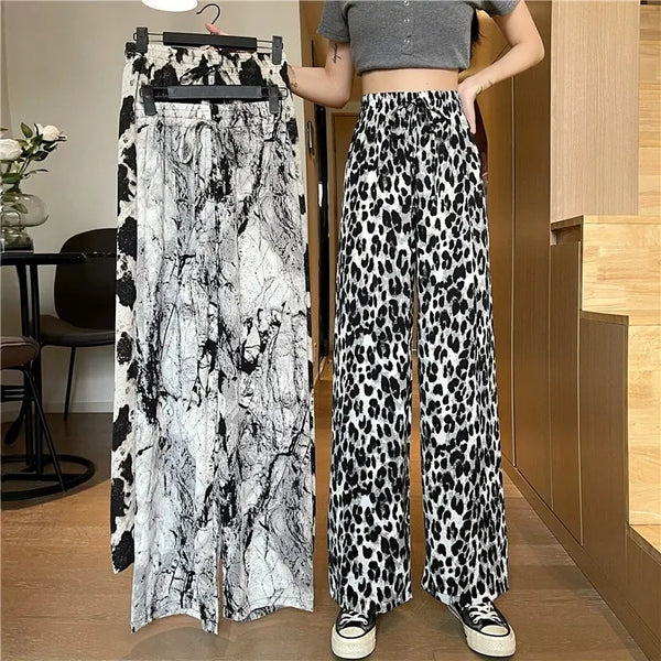 2022 2023 Hot Selling High Waist Loose Lace-up Ink Painting Casual Tie-dye Ice Silk Printed Harem Wide Leg Women