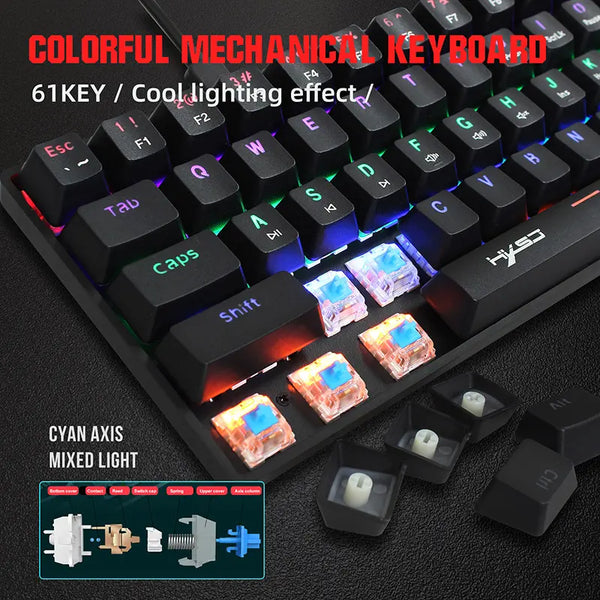 61 Keys Mechanical Gaming Keyboard Wired Portable and Compact with 20 RGB Lighting Modes and blue Axis USB Interface