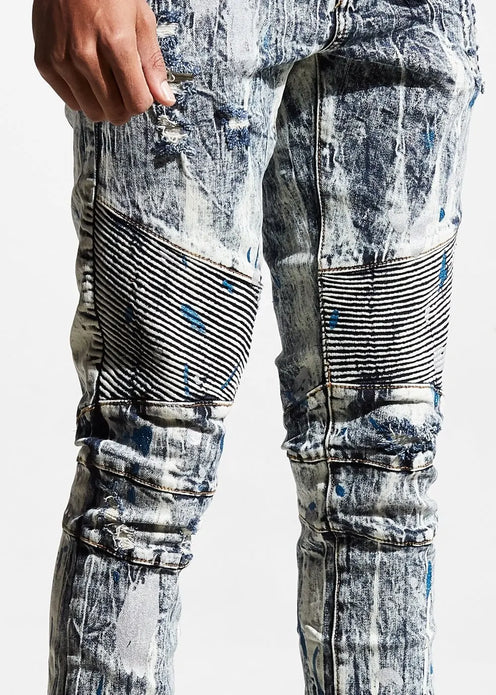 2021 New Fashion Wholesale 3D Moto Pintuck Knee Rip Denim Jean Pain Splatter Jeans for Men